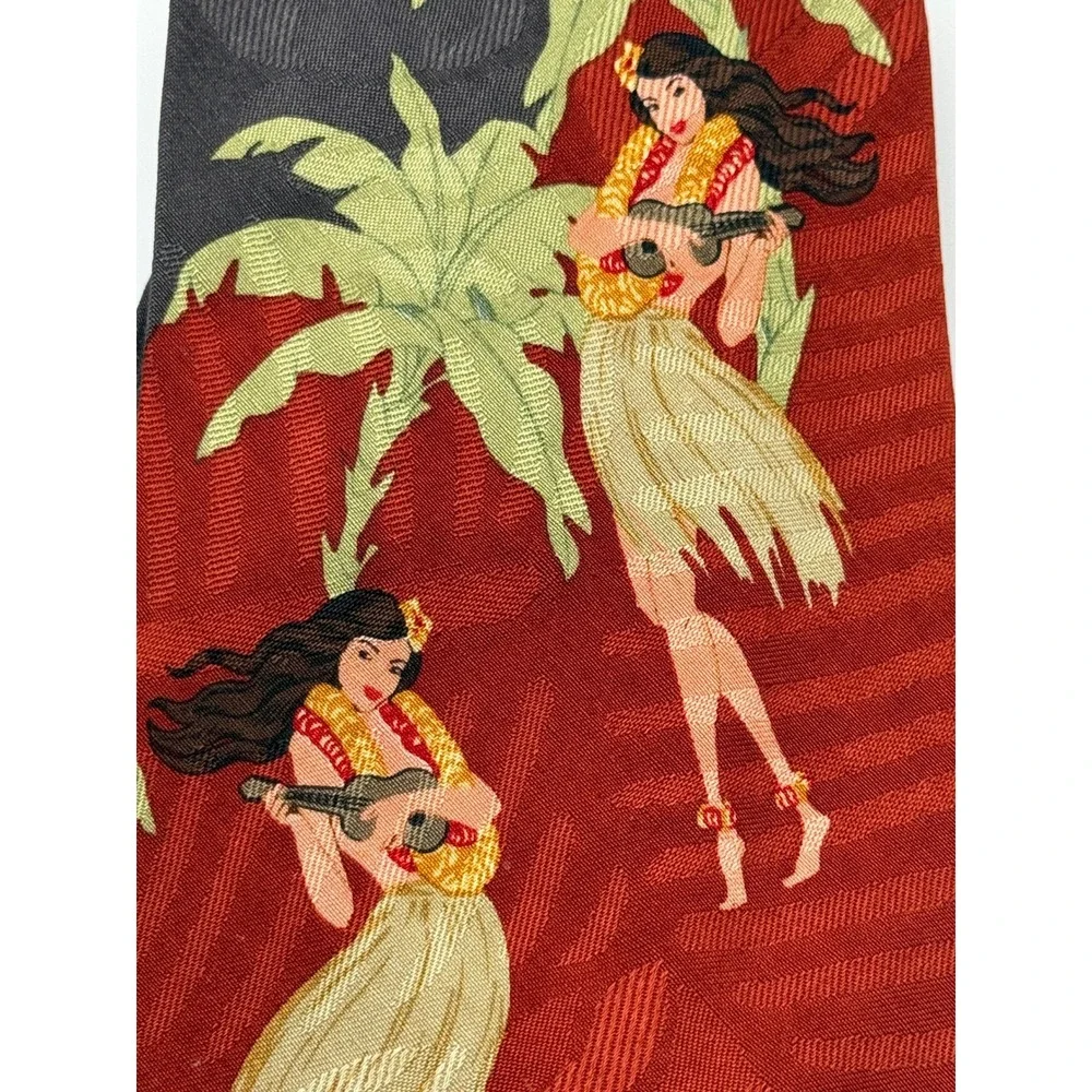 Tommy Bahama Silk Tie OS Red Hula Girl Ukulele Tropical Tiki Hawaiian Retro Palm